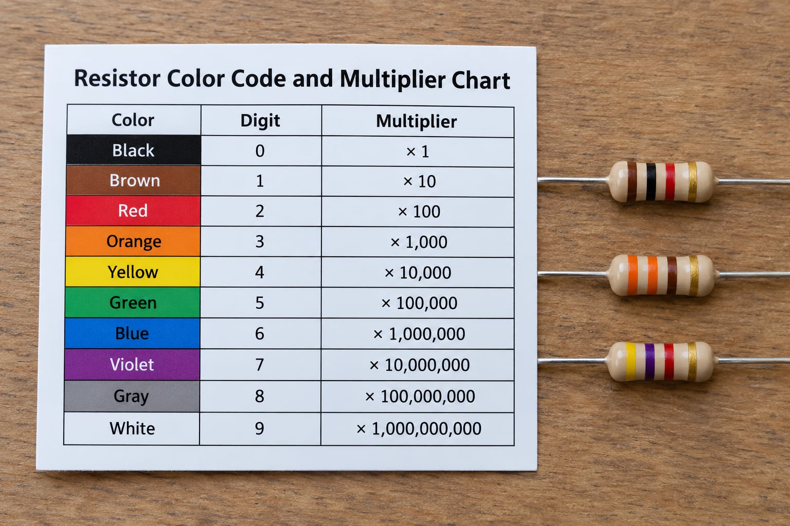 Resistor Color Code and Multiplier Chart